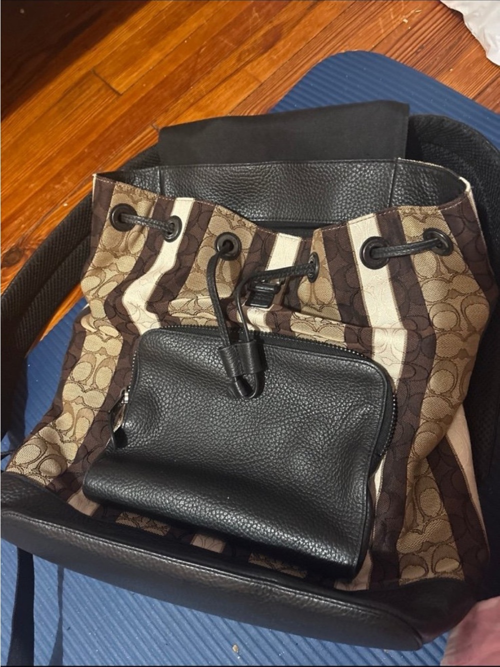 Coach Leather-Trim Brown Striped Canvas Drawstring Backpack